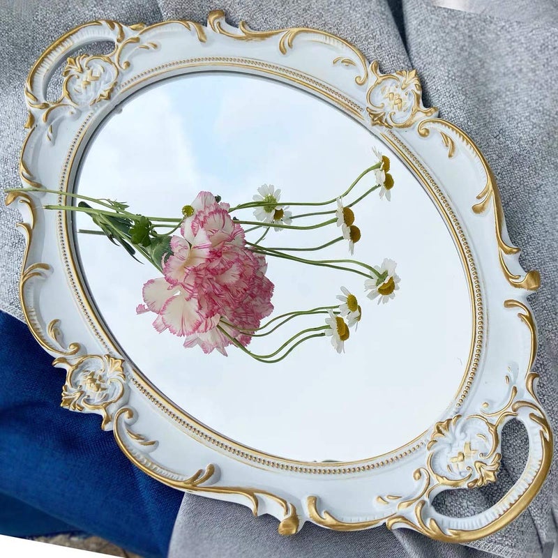 Schonee Oval Vintage Decorative Mirror Tray, Jewelry Cosmetics Makeup Dresser Storage Organizer Tray, Serving Tray (9.8â€x 14.6â€) White - Image 2